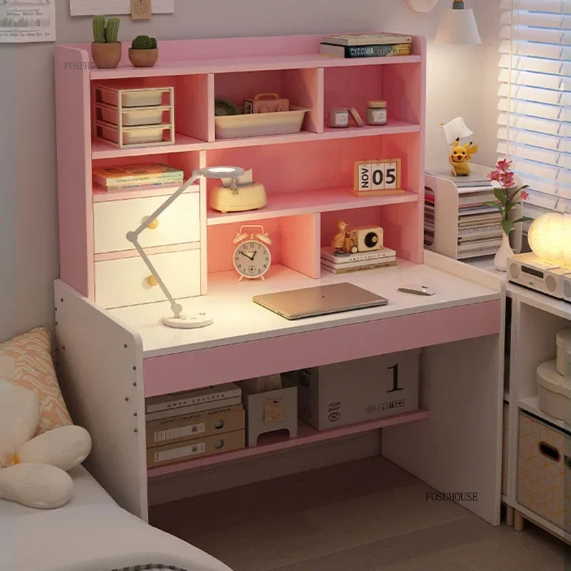 Girl Pink Bookshelf and Bookcase Integrated Study Desk with Storage Gaming Table Modern Office Furniture