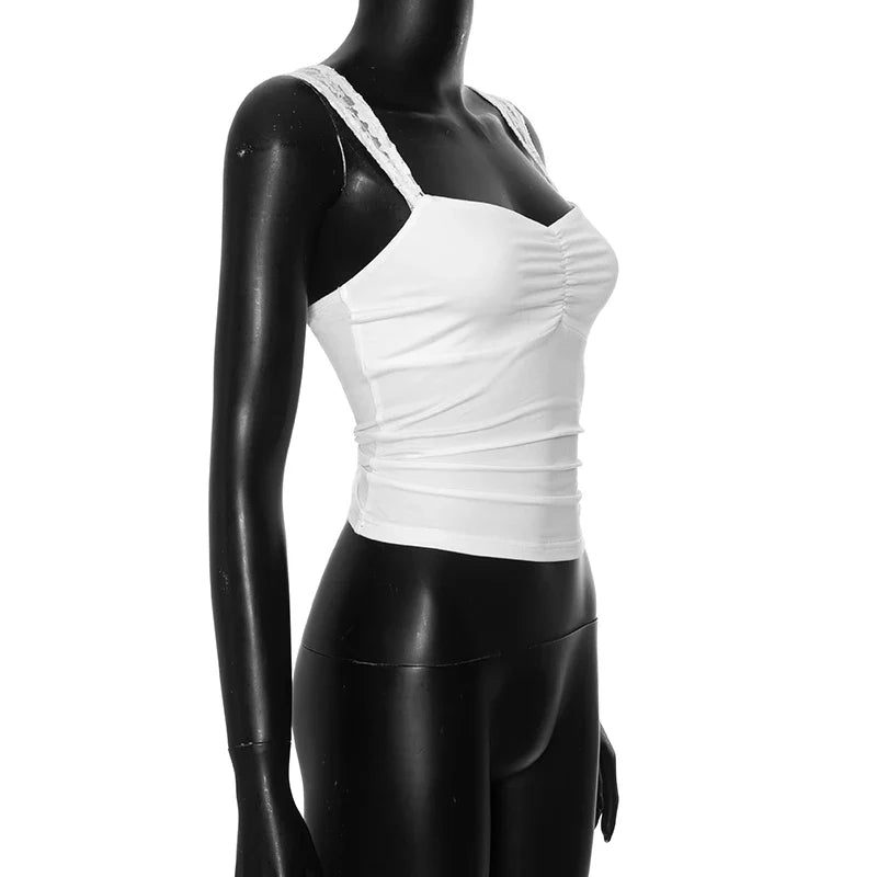 Lace Straps High Elasticity Tank Top Solid Color Sleeveless Slimming Square Neck Shrink Pleated Backless Cami Tank Top