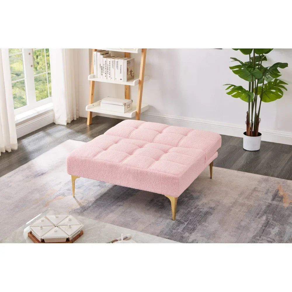 Pink Teddy Convertible Single Sofa Bed Futon With Gold Metal Legs Teddy Fabric