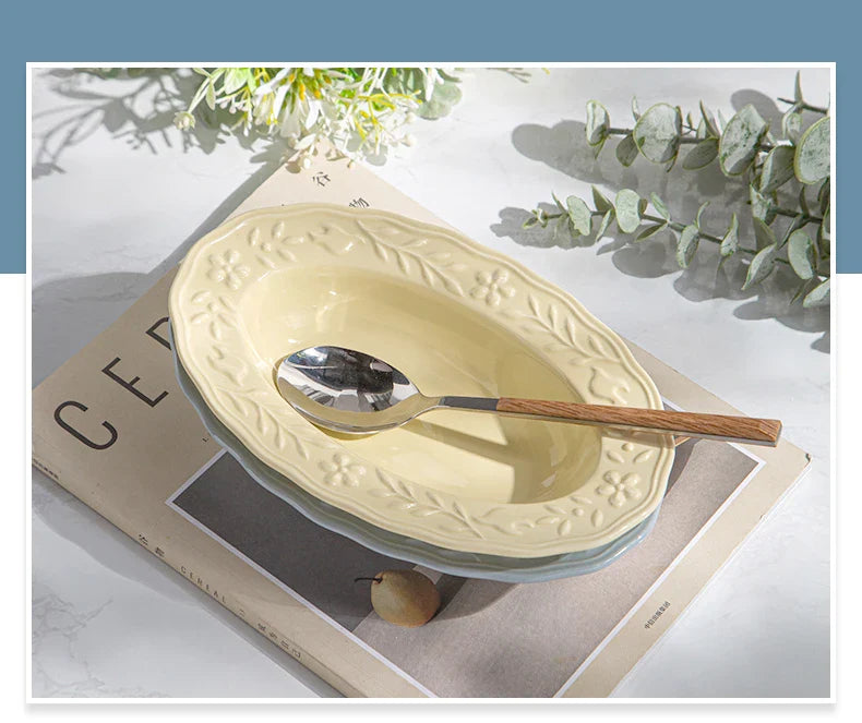 Glossy Solid Ceramic Serving Plate Floral Print Cute Bowl Versatile Dishes Simple Kitchen Tablewares