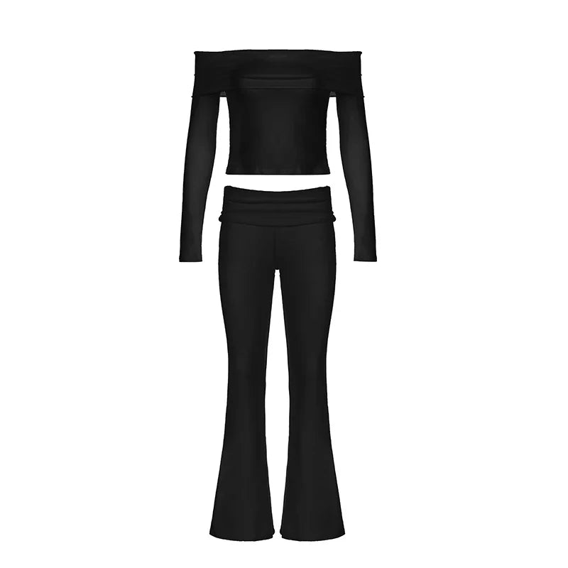 Slash Neck Top and Casual Pants Sets Women's Two Pieces Of Outfits Streetwear Solid Fashion Y2K Basic Slim Clothes
