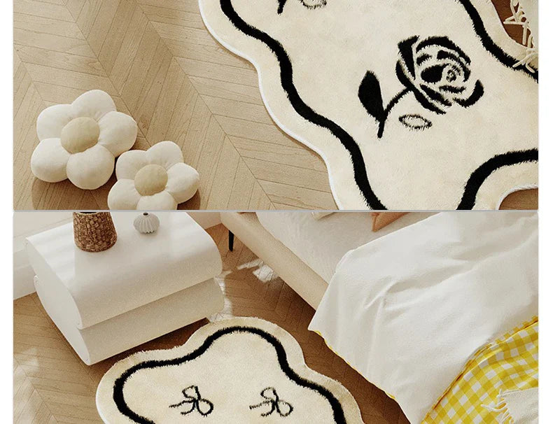 Rose Bow Heart Long Floor Mat Runner Rug Soft Fluffy Black White Cute Girl Home Decoration Rugs