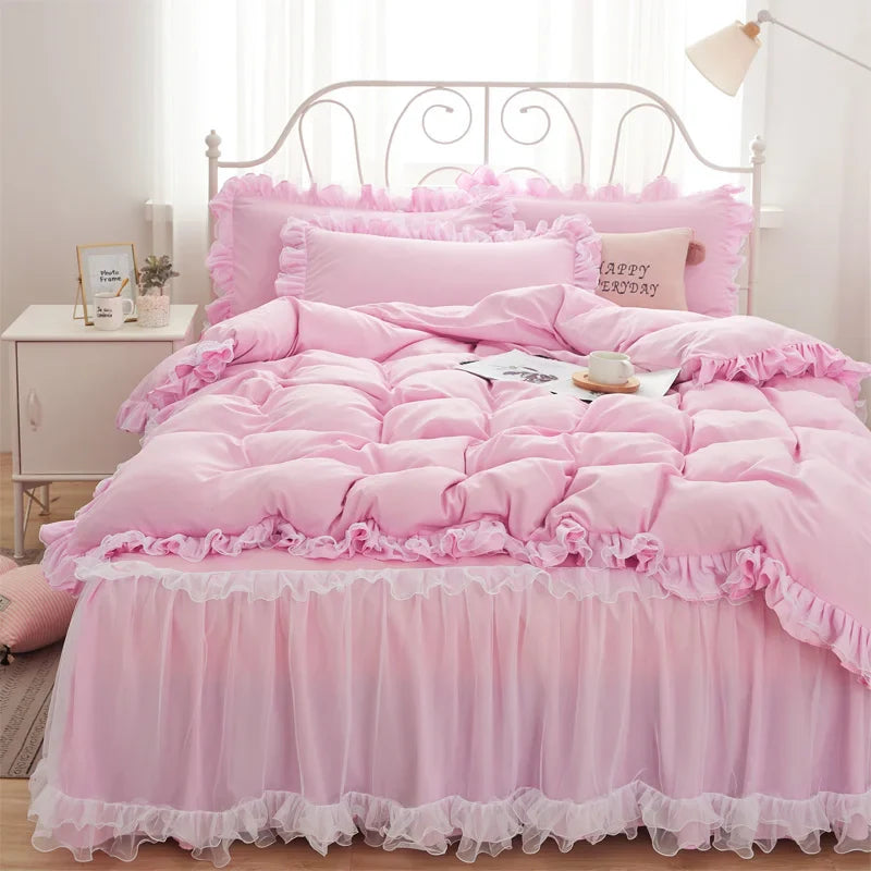 Princess Girl Pink Bedding Skirt Sheet With Lace Solid Color Bed Cover Pillowcase Decor Bedroom