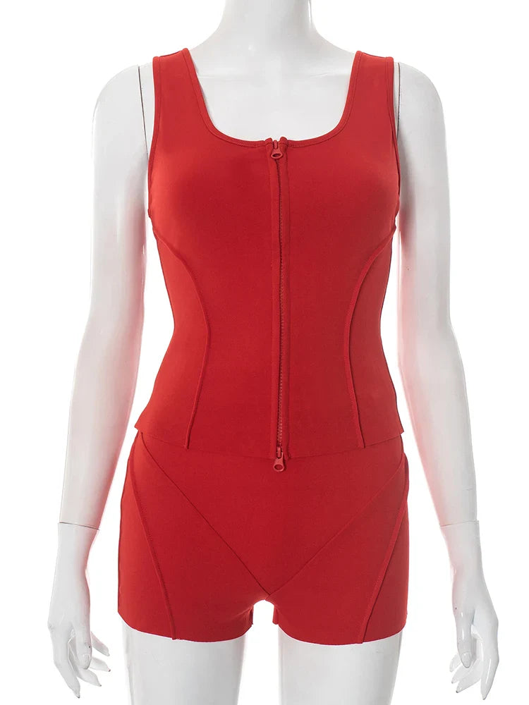 Casual Women 2 Piece Set Stretch Double Zip Tank Tops+Shorts Matching Patchwork Simple Basic Streetwear