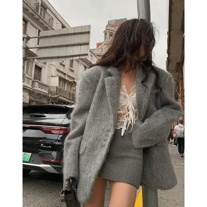 Fashion Woolen Jacket Women Winter V Neck Mohair Buttons Single Breasted Pockets Coat Ladies Office Street Casual Outerwear