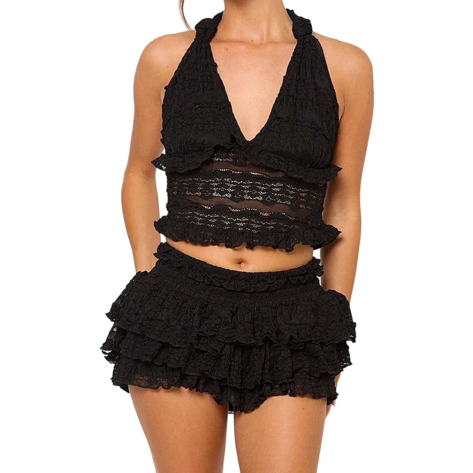 Women Y2K Lace 2 Piece Clothes Outfits Tie-up Halter Neck Sleeveless Open Back Cami Tops Elastic Waist Mini Layered Skirts