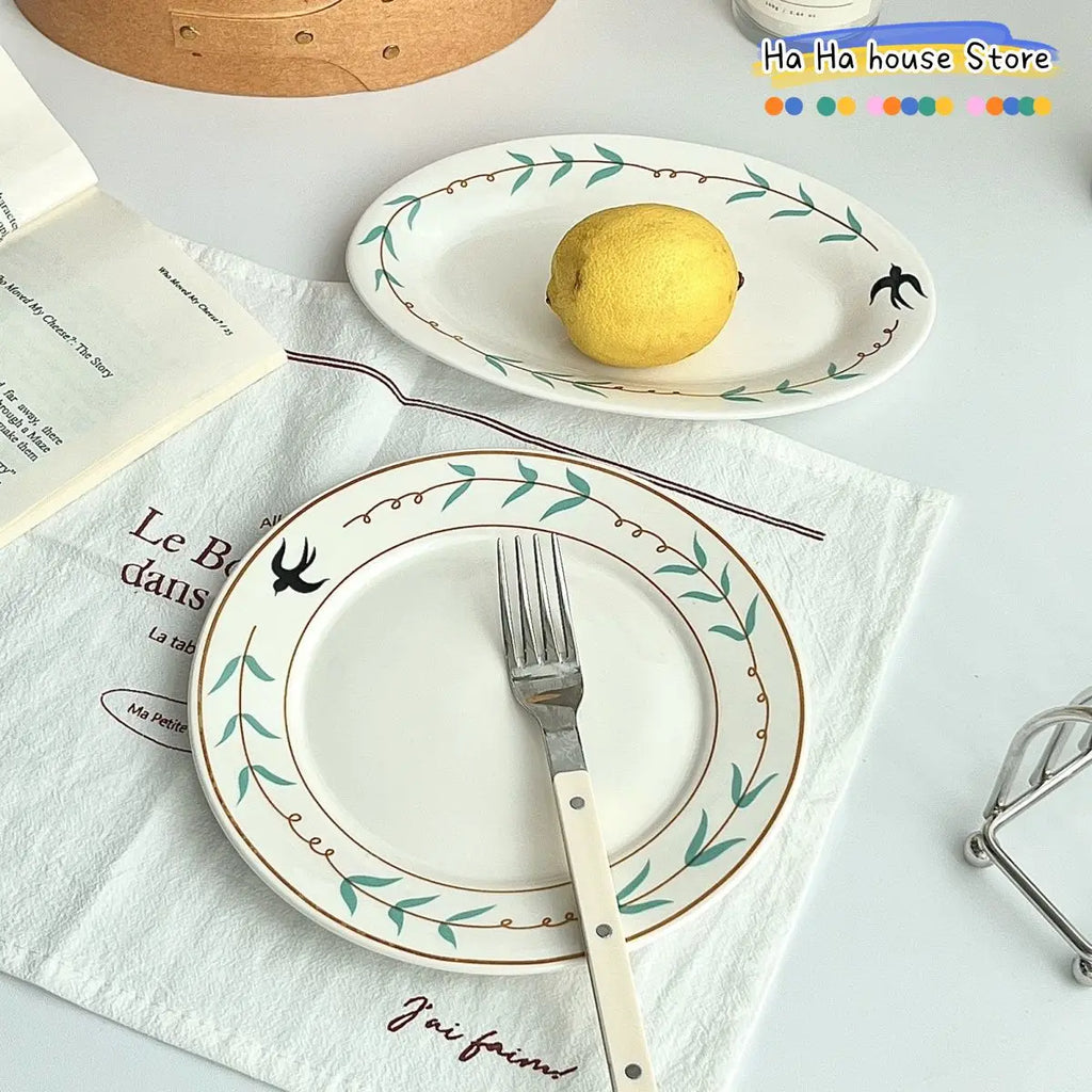 Gold Rim Leaf Pattern Round Serving Dishes Porcelain Kitchen Tableware