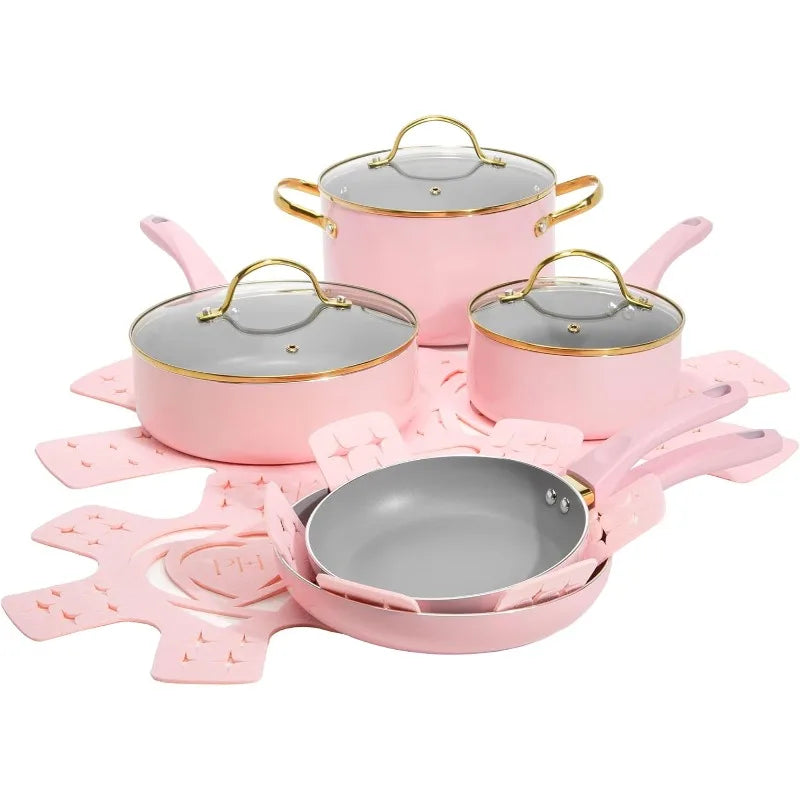 Paris Hilton Epic Nonstick Pots and Pans Set, Multi-layer Nonstick Coating, Tempered Glass Lids, Soft Touch, 12-Piece, Pink