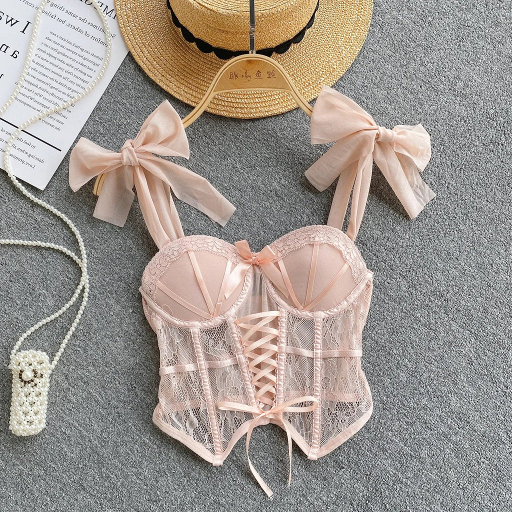 Spaghetti Strap Tank Top for Women Strapless Build in Bra Lace Patchwrok Tulle Bow Camis Summer Casual Female Camisoles