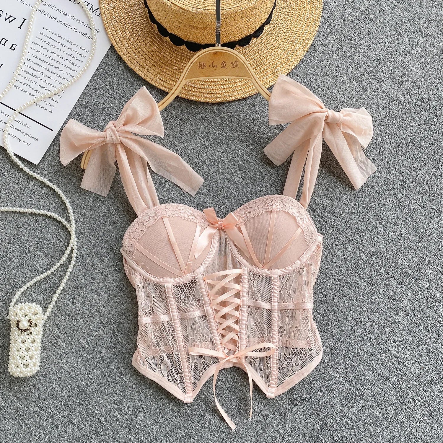 Spaghetti Strap Tank Top for Women Strapless Build in Bra Lace Patchwrok Tulle Bow Camis Summer Casual Female Camisoles