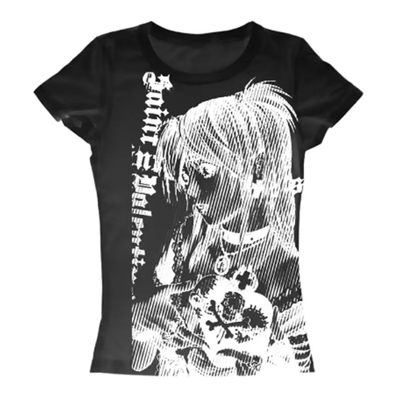 Y2k Anime Streetwear O-neck 90s Text Printing Tops Women Harajuku Clothes Simple Vintage Crop Tee Aesthetic Emo Casual T-shirt