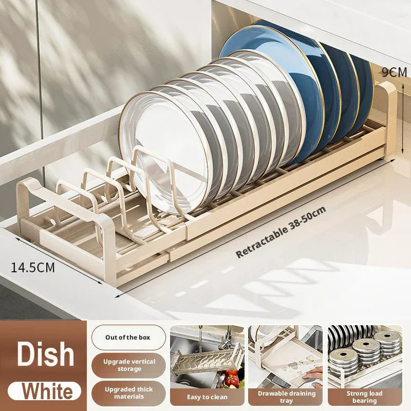 Pull Out Cabinet Dish Storage Rack Stainless Steel Plate Drain Stand Holder Kitchen Drawer Built-in Bowl Rack Basket Organizer