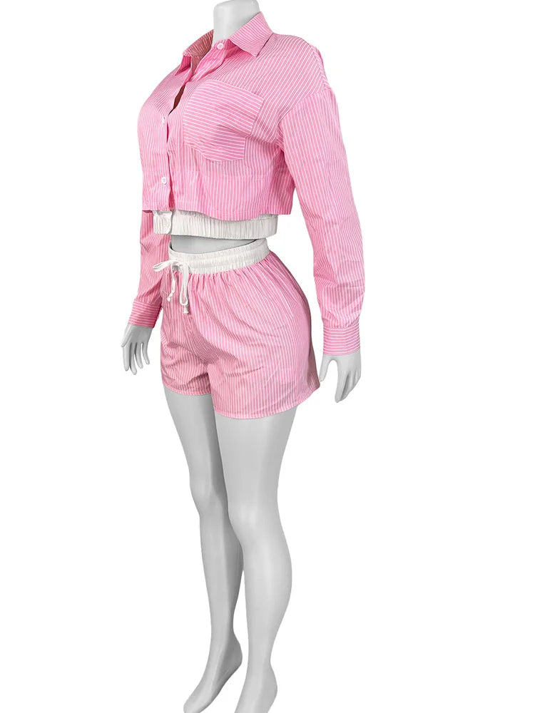 Casual Striped Buttoned Long Sleeve Shirt Top And Matching Shorts Set For Women Trakcksuits 2 Piece Co Ord Sets