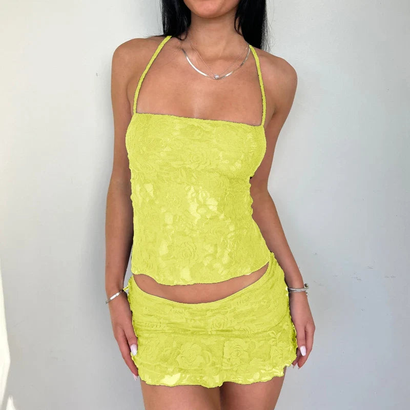 Women 2 Piece Set Lace Outfit Y2k Fairy Coquette Tie-up Backless Crop Tops Low Rise Mini Skirt