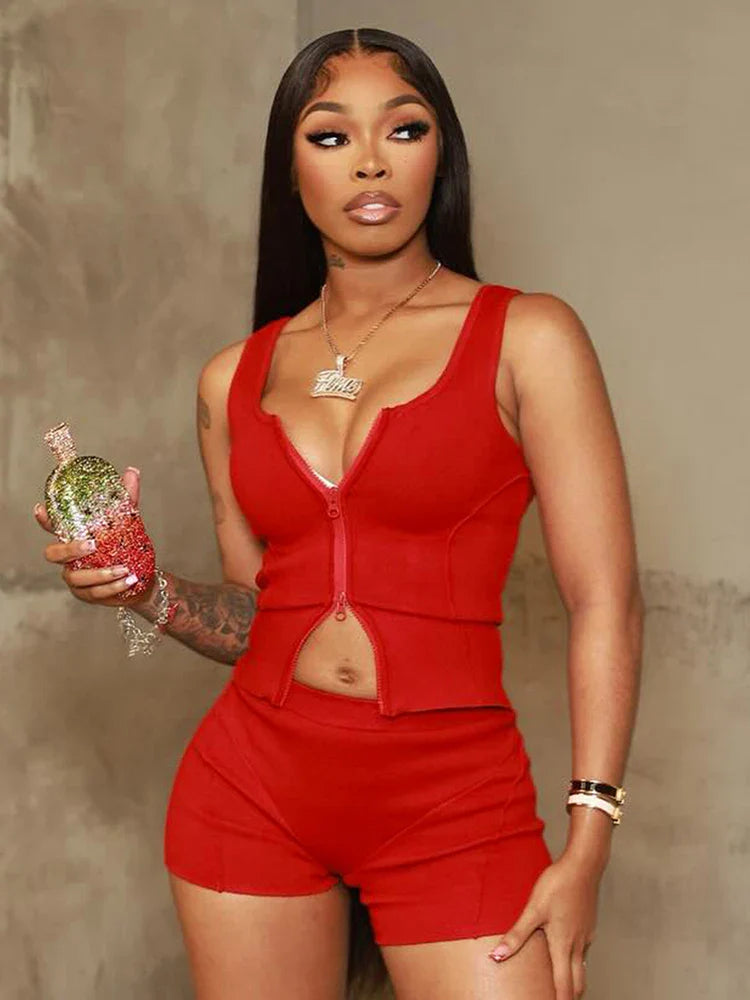 Casual Women 2 Piece Set Stretch Double Zip Tank Tops+Shorts Matching Patchwork Simple Basic Streetwear