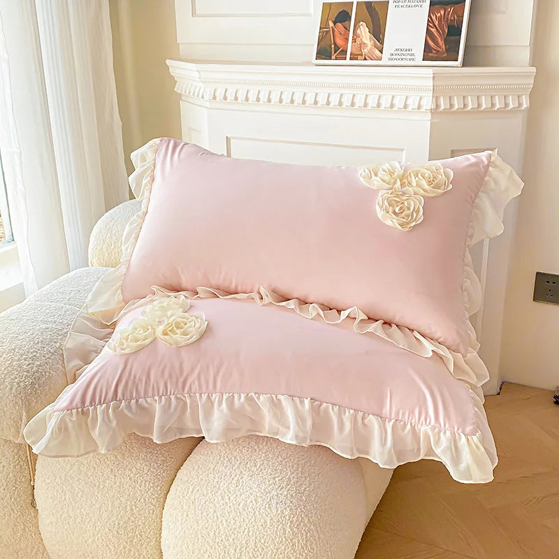 Soft Three-dimensional Flowers Embroidery Lace Ruffles Princess Bedding Set Duvet Cover With Pillowcases