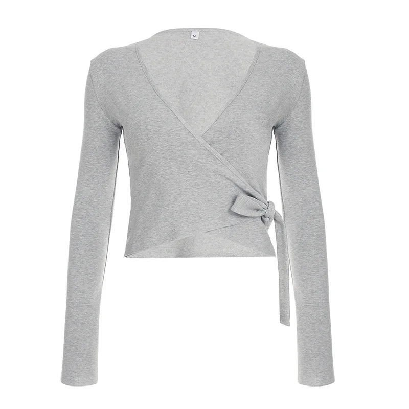 Fashion Drawstring High Waist Trousers Set Lace Up Flared Sleeve V Neck Twist Tops Plush Loose Pants Suit