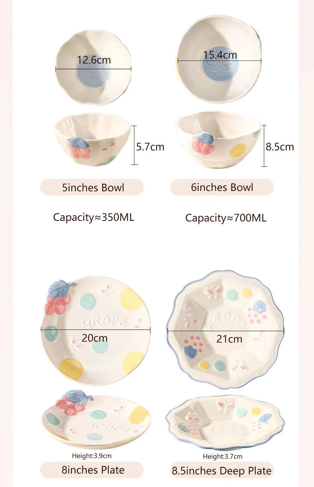 Cute Pattern Ceramic Plates Print Round Deep Tableware