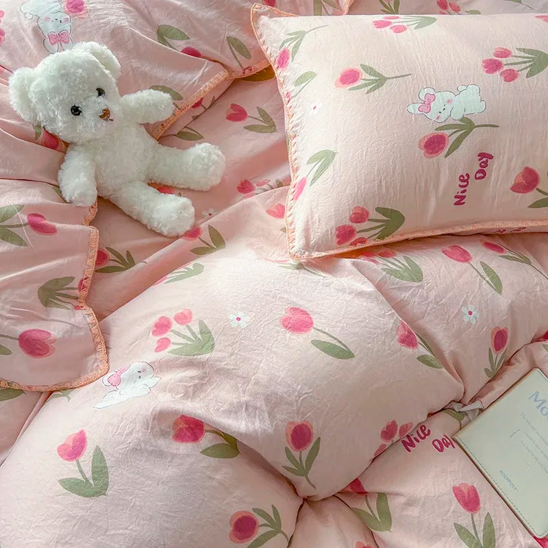 Tulip Double Layer Yarn Quilt Cover Bed Sheet Pillowcase Bedding Set Girls Duvet Cover Set No Filler