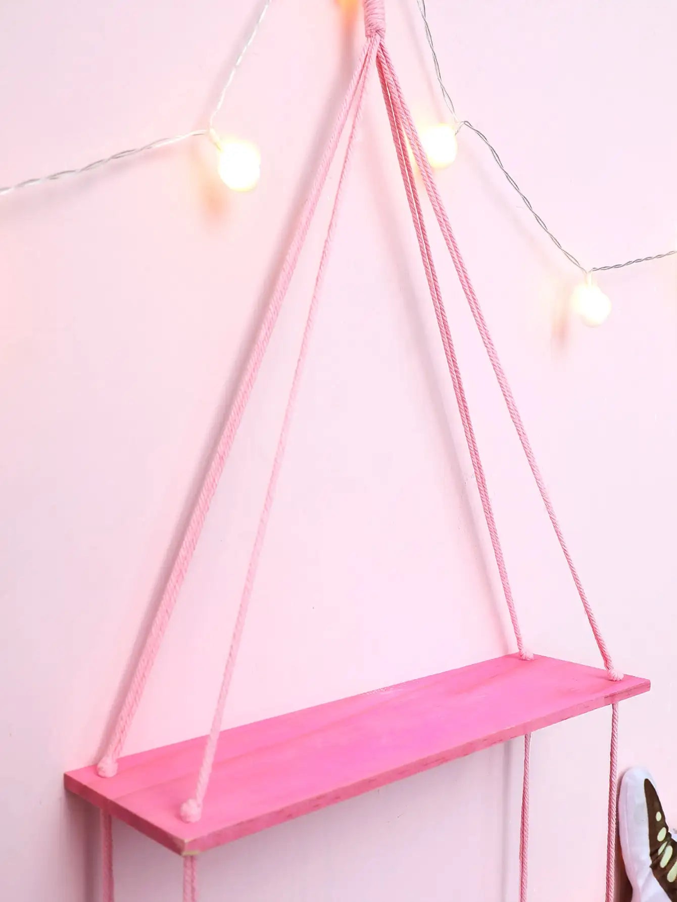 Pink 1/2-tier Hemp Rope Wooden Plant Flower Pot Tray Display Stand Storage Rack Wall Shelves Floating Wall Shelf Home Decoration