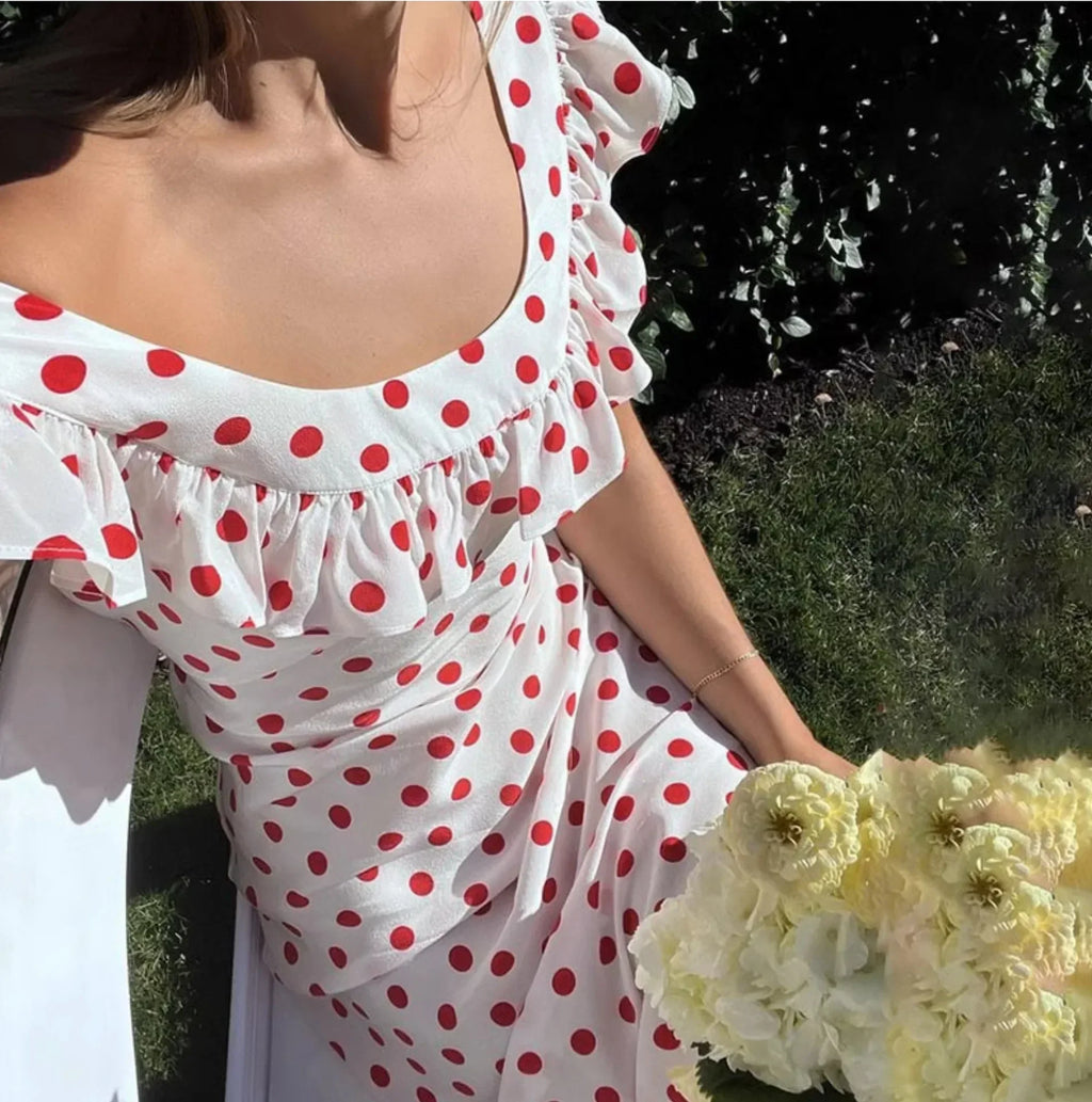 French Daisy Vintage Girl Silk Polka Dots U Neck V Back Sexy Summer Women Long Dress