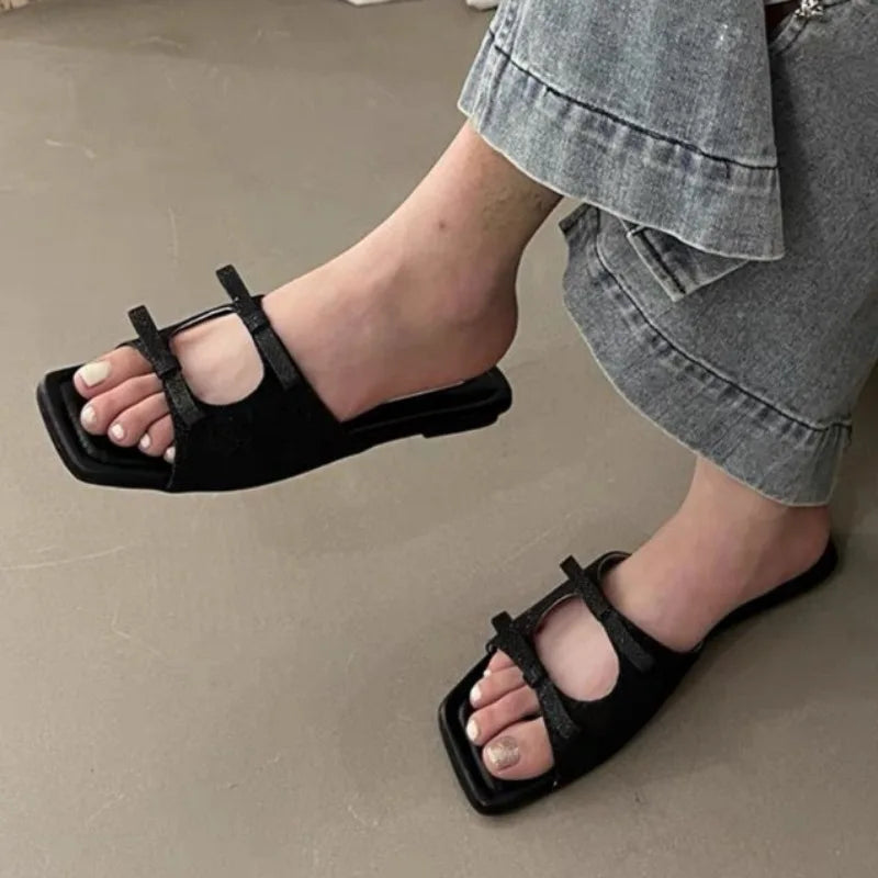Women Bow Flat Open Toe Flat Slippers