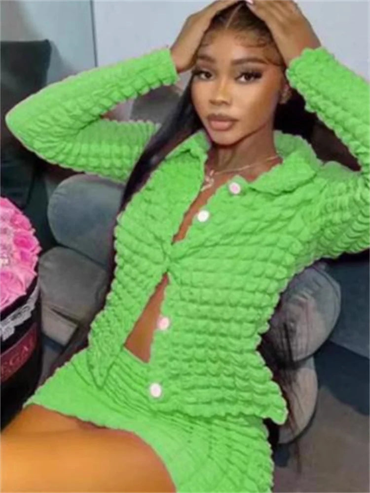 Cute 2 Two Piece Set Women Skirt Long Sleeve Button Top+Mini Skirt