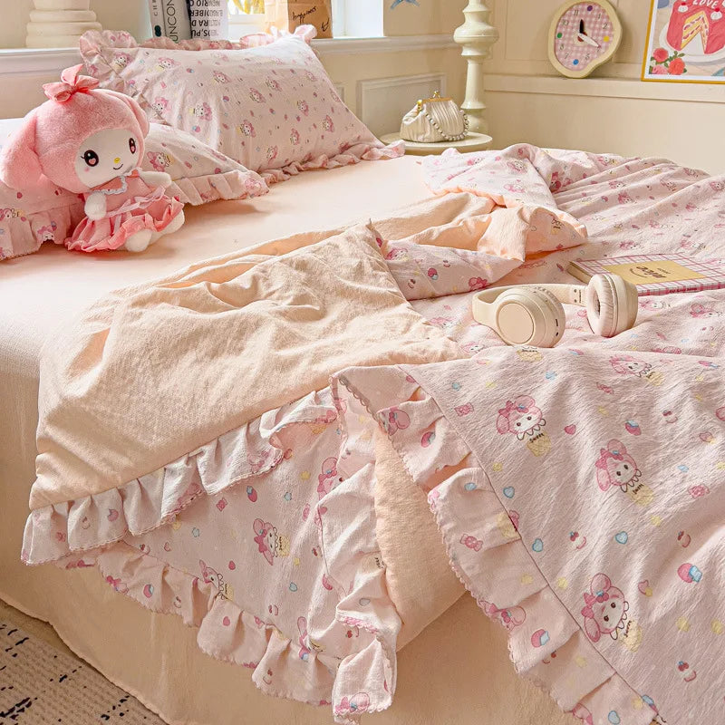 Korean Quilt with Lace and Ruffle Pure Cotton Patchwork Comforter for Summer Skin-Friendly Breathable Cooling Blanket for Home