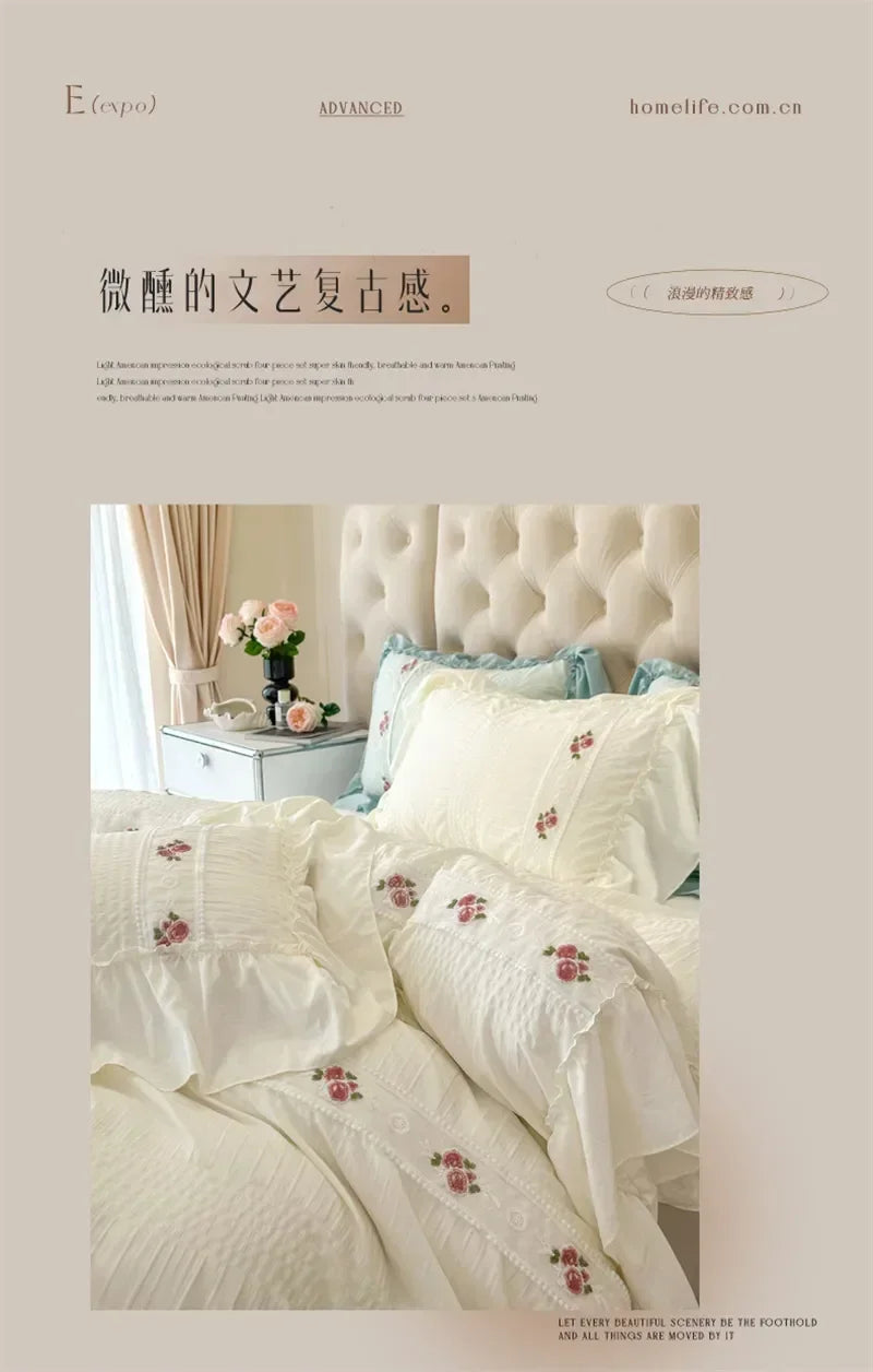 French Embroidered Lace Bubble Gauze Bedding Set Elegant Princess Style Duvet Cover Set Ruffled Comforter Cover Sets