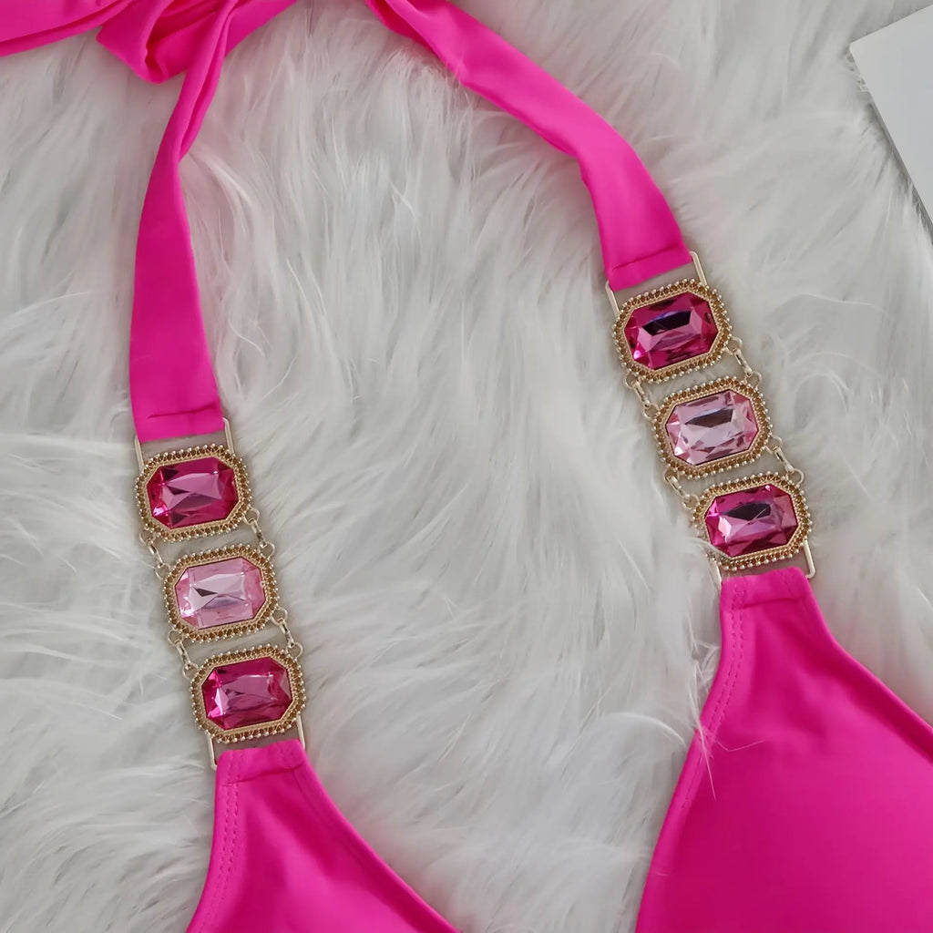 Sexy Rhinestone Bikini Set Women Luxury Pink Crystal Diamond Push Up Bandage Thong Swimsuit