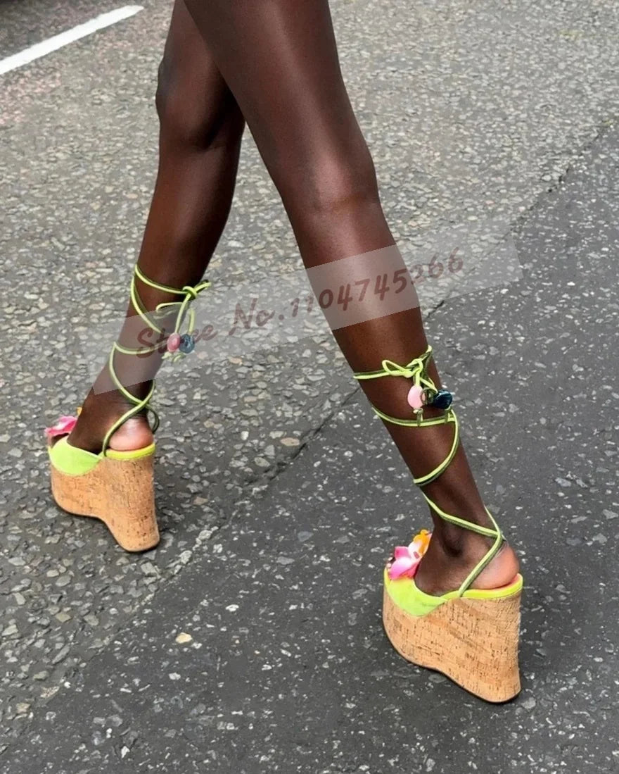 Ladies Cork Platform Pink Flower Sandals Wooden Wedged Heel Pink Blossom Dress Shoes Lace-Up Slingback Pumps