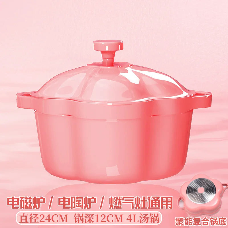 Pink Enamel Dutch Oven Non-Stick Pot Romantic Aesthetic Cooking Enameled Cast Iron Cookware Kitchen