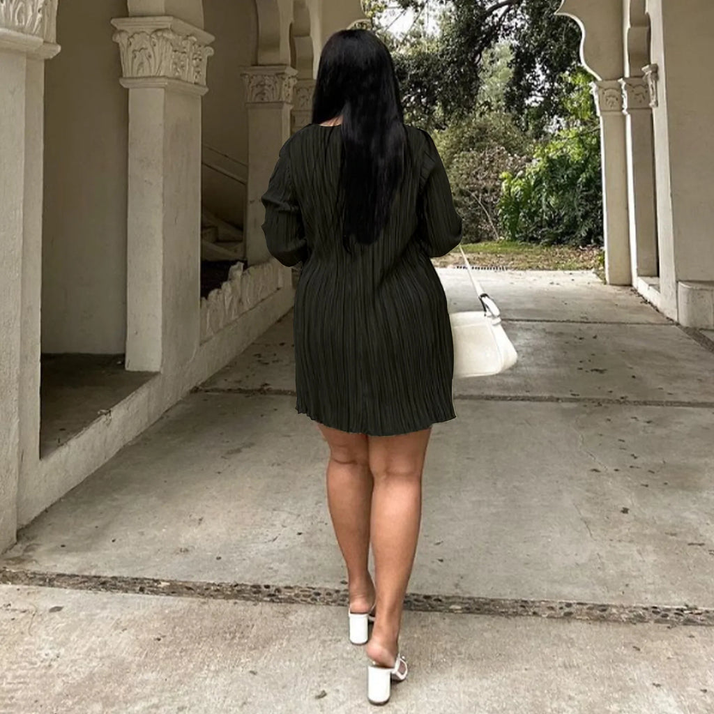 Long Sleeve Women V-neck Pleated Dress Casual Streetwear Plus Size Mini Dresses Party Casual
