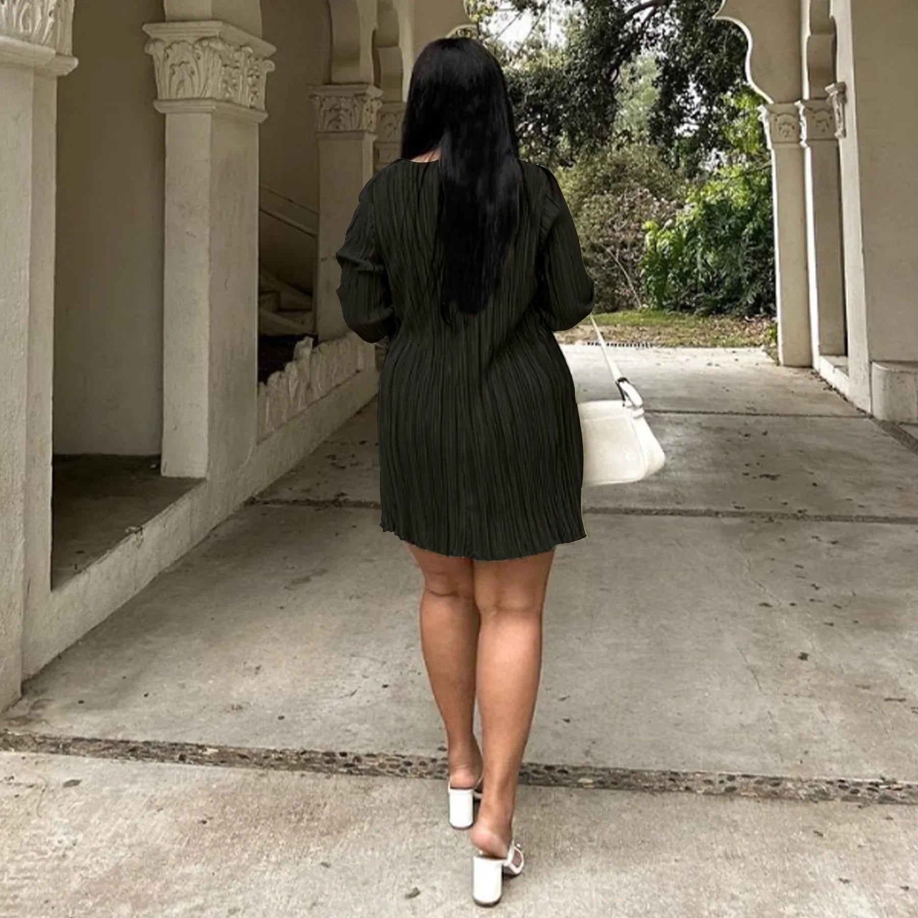 Long Sleeve Women V-neck Pleated Dress Casual Streetwear Plus Size Mini Dresses Party Casual