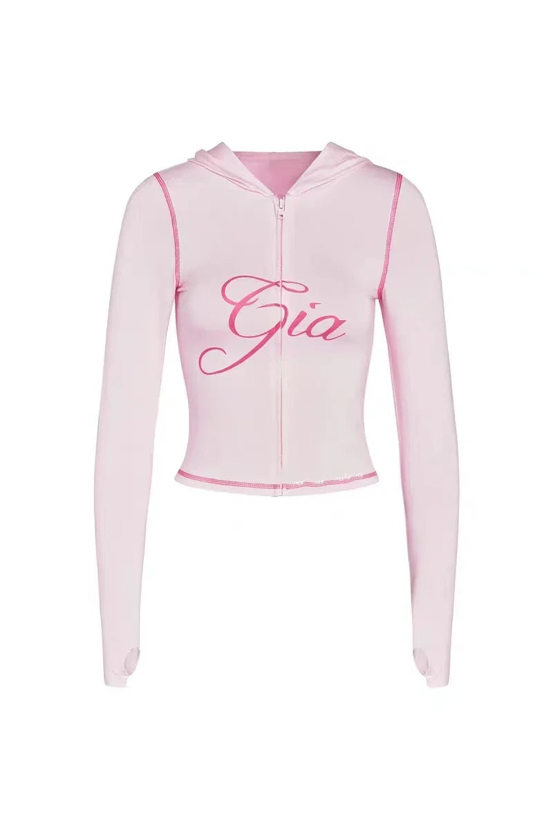 So Y2K Blue Cotton Zipper Hooded Long Sleeved High Stretch Top Low Waist Micro Flared Pants For Women