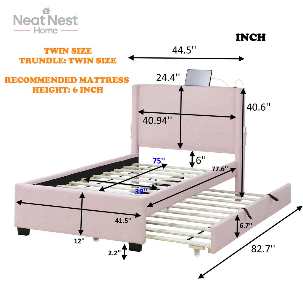 Pink Twin Size Bed Frame with Removable Trundle USB Functionality, Single Bed .Bedroom Furniture No Box Spring Required Bed Frame