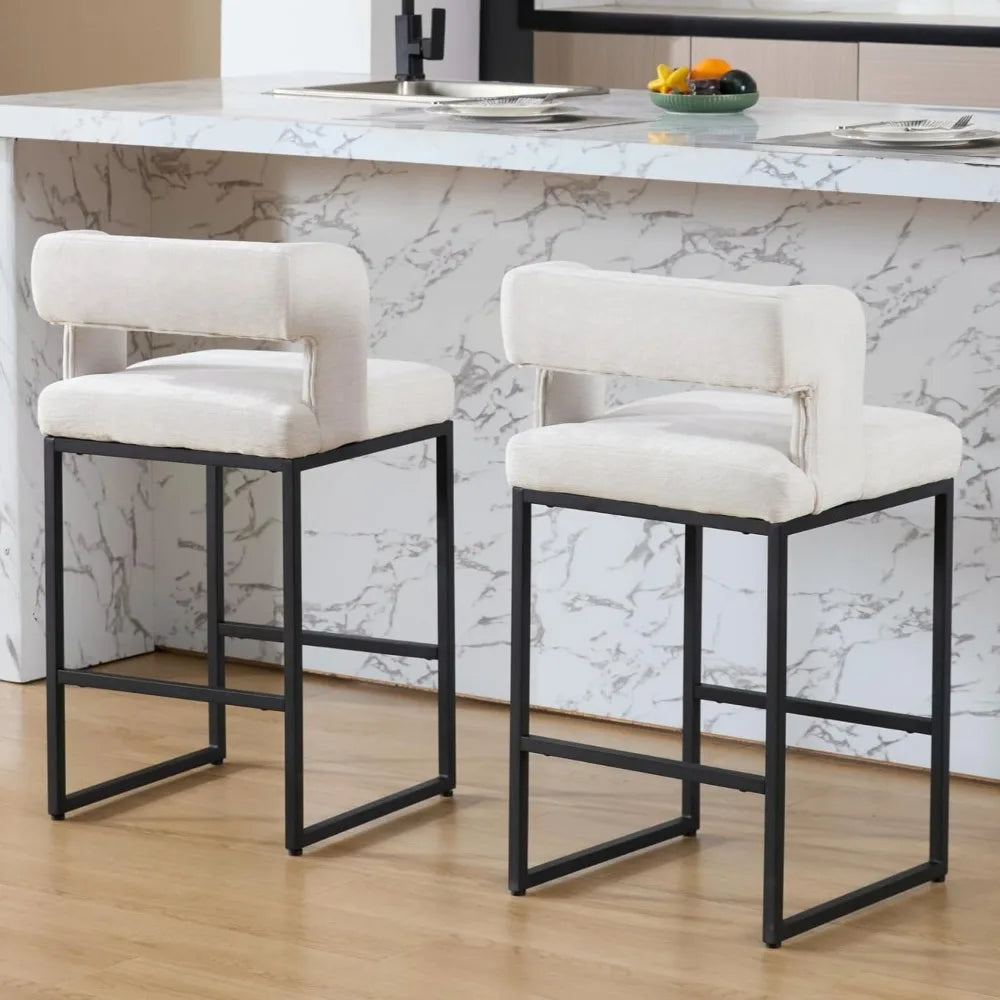 Modern Bar Stools Set of 2, 26'' Counter Height Bar Stool with Sturdy Metal Steel Frame, Chenille Upholstered Barstools with Back