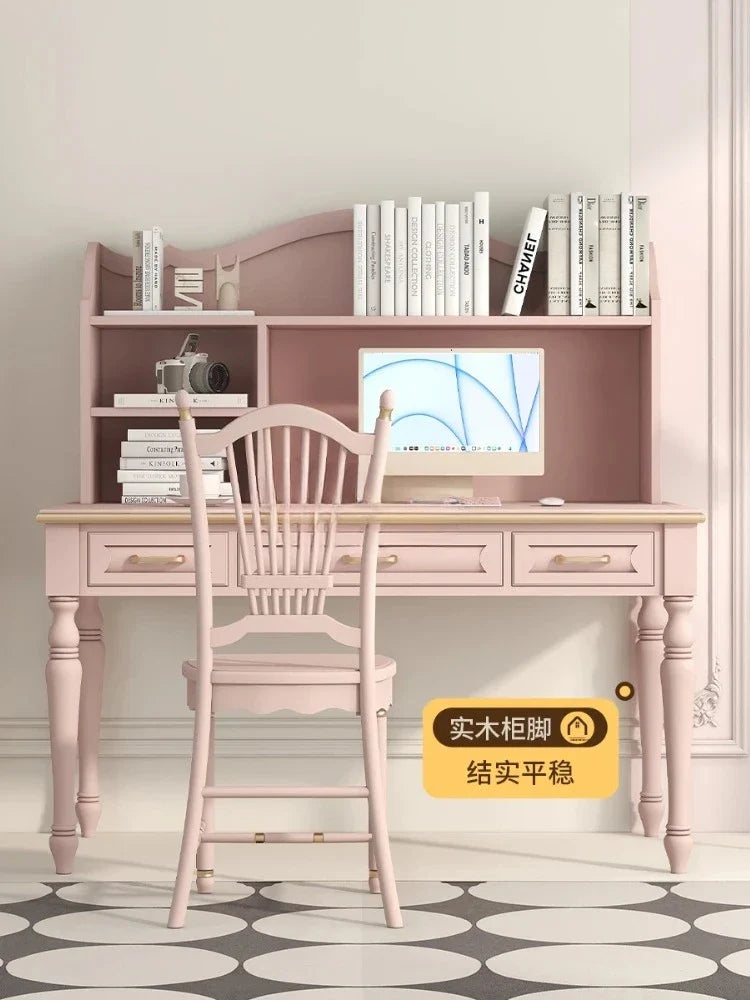 Minimalist Light Luxury Pink Writing Table with Bookshelf, Living Room Study Table and Chair Combination in Oak and Walnut.