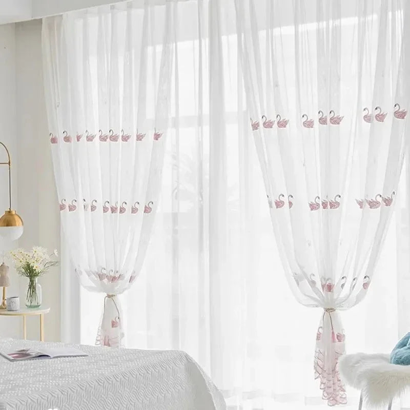 Pink Swan Embroidered Curtain, Sheer Tulle Curtains for Home Decoration Voile Drapes