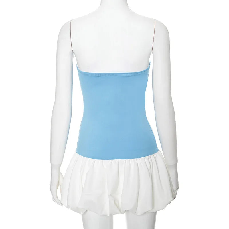 Contrast Color Mini Folds Dress For Women Strapless Sexy Slim Sleeveless Ruched Splice Y2K Beach Female Club Party Dress