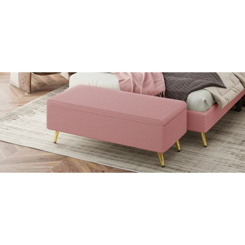 Pink 2 Pieces Bedroom Sets Queen Size Upholstered Bed Frame, Modern Corduroy Storage Ottoman