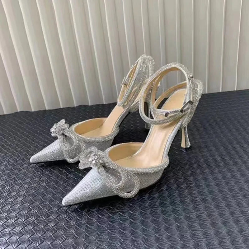 Glitter Crystal Women Pumps Sexy Ankle strap Rhinestones Bowknot High Heels