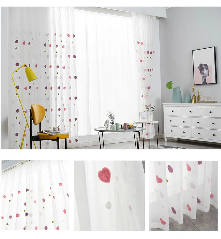 Lovely Cartoon 3D Pink Heart Embroidery Tulle For Girl Bedroom Cute Lovely Sheer Curtains Drapes