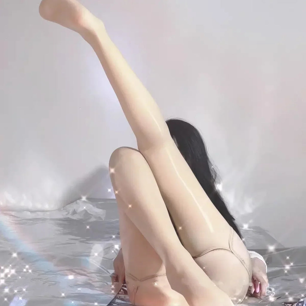 Lace Garter One-piece High Waist Stockings Hollow Oil Shiny Silk Smooth Sexy Pantyhose with Garters