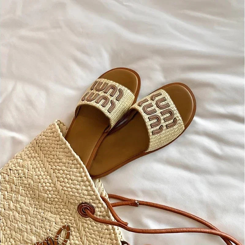 Vintage Woven Women's Sandals Fashion Letter Woven Flat Slippers
