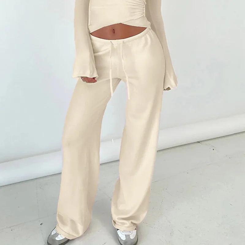 Fashion Drawstring High Waist Trousers Set Lace Up Flared Sleeve V Neck Twist Tops Plush Loose Pants Suit