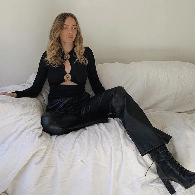 Sexy Hollow Out Long Sleeve Bodysuit Metal Ring Connection Fashion Folds Women Bodice Black Bodycon Top