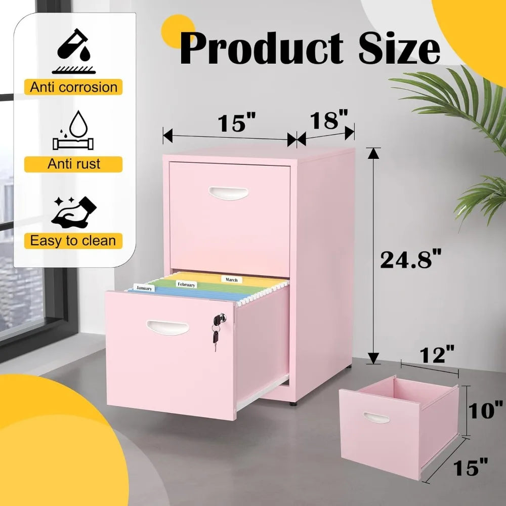 Pink 2 Drawer File Cabinet with Lock, Metal Office Drawers Filing Cabinet for Home Office, Filings Cabinets