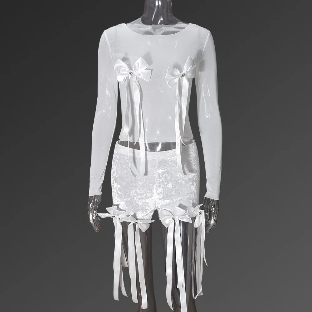 Women's Set Bow O-Neck Mesh Long Sleeve Tops + Velvet Shorts Sexy Two 2 Piece Outfit