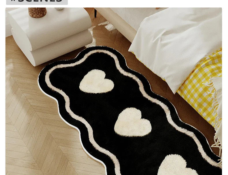 Rose Bow Heart Long Floor Mat Runner Rug Soft Fluffy Black White Cute Girl Home Decoration Rugs